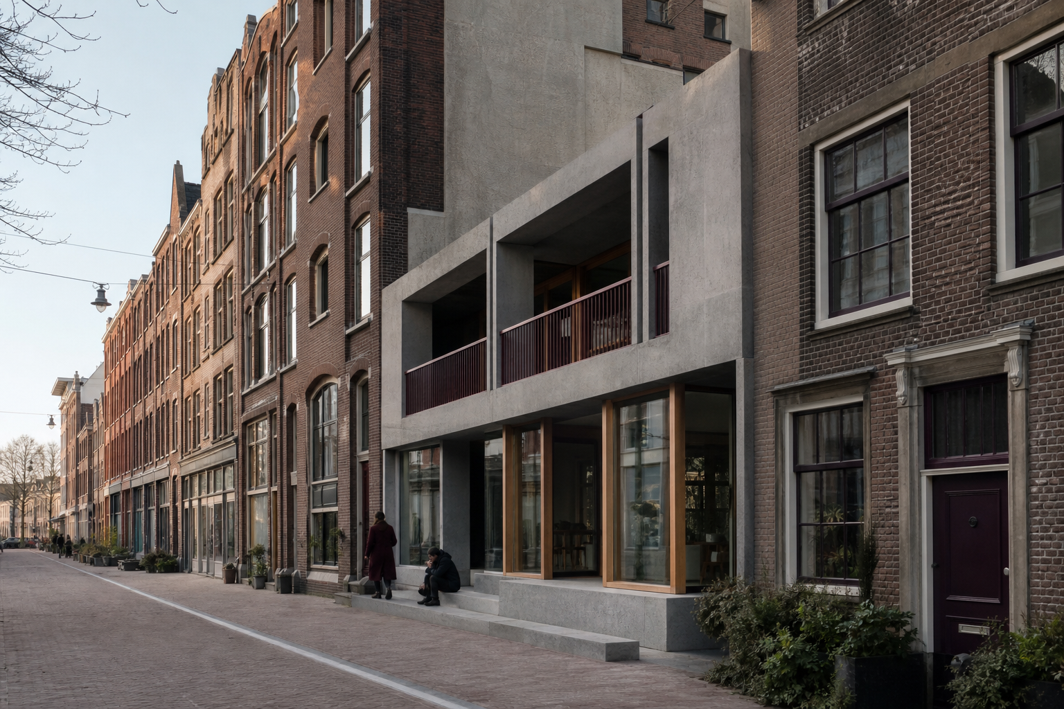 Oude bakstenen gevels naast een moderne betonnen toevoeging in een Nederlandse straat