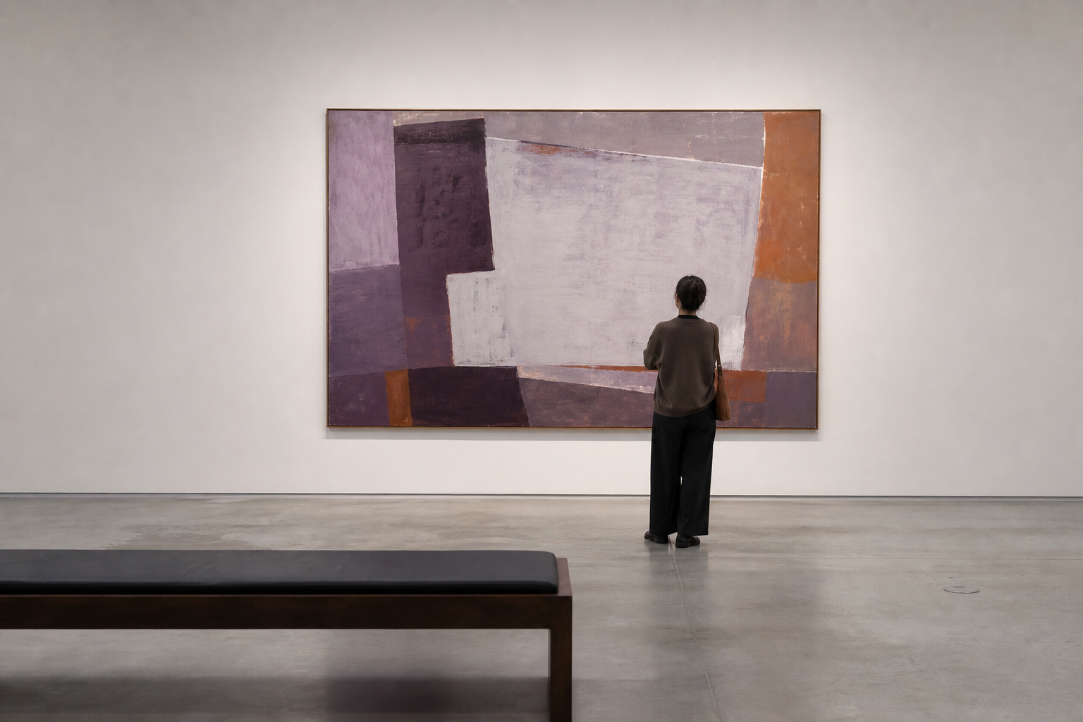 Bezoeker kijkt rustig naar een kunstwerk in een museumzaal