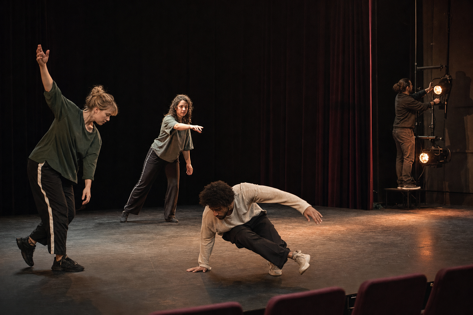 Vier makers werken met beweging en licht tijdens een repetitie in een klein theater